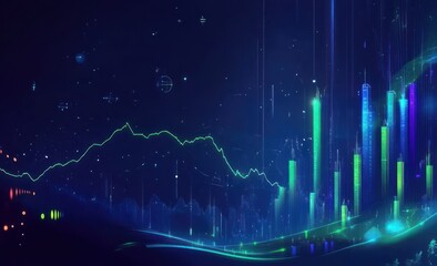 Aufkleber - Abstract futuristic cityscape with glowing lines and data graphs.