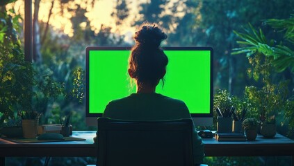 Poster - Woman working on green screen computer in lush home office.