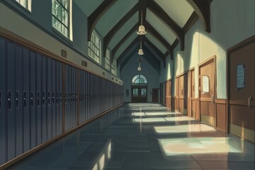 Leinwandbilder - Sunlit school hallway with lockers and doors.