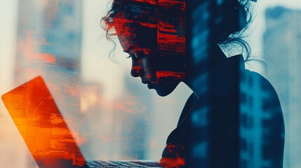 Poster - A silhouette of a woman working on a laptop against a city backdrop.