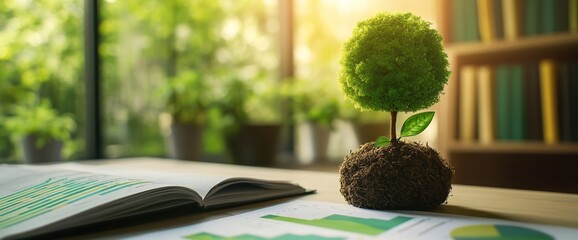 Poster - A small tree in a pot sits on a desk with charts and graphs nearby.