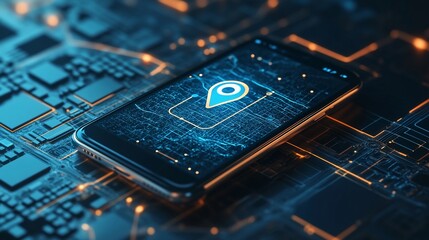 Leinwandbilder - A smartphone displaying a location pin on a circuit board background.