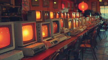 Poster - Rows of vintage computers and monitors glow warmly in a retro shop.