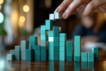 Poster - Hand arranging teal blocks forming a graph on a wooden table.