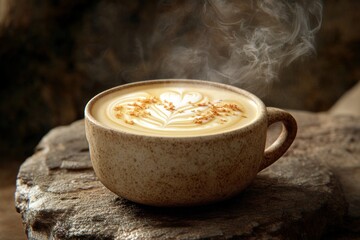 Poster - Steaming latte art in a rustic cup on a stone.
