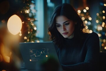Aufkleber - Woman reviewing financial data on laptop at night.