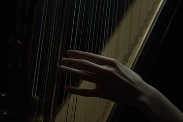 Poster - Close-up of a hand playing a harp, strings and wood visible.