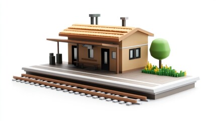 Aufkleber - Small, cartoonish train station with platform, tracks, and a tree.