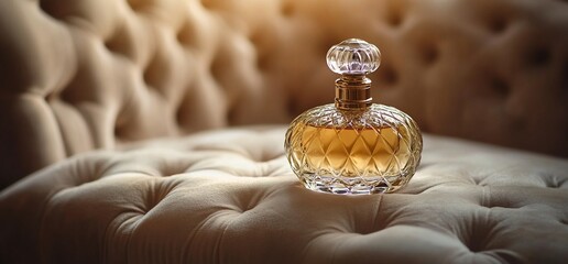 Poster - A vintage perfume bottle elegantly placed on a tufted surface.