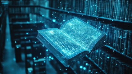 Poster - Digital Book Glows In Library Setting Showing Modern Technology