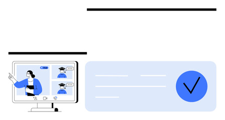 Aufkleber - teacher interacting with students on computer screen in online class, blue checkmark signifying cert
