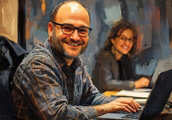 Aufkleber - Smiling Male Professional Working on Laptop with Female Colleague in Office Setting, Engaging in Productive Discussion and Collaboration