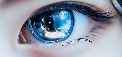Poster - Close-up of a futuristic, detailed eye with a blue, glowing iris.