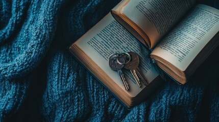 Poster - Open Book Keys Resting on Soft Blue Fabric