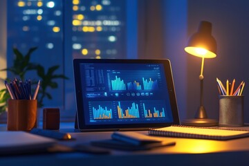 Poster - Night office scene with tablet displaying data graphs.