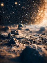 Wall Mural - rocky surface of an alien planet with blurred stars and planets in the background