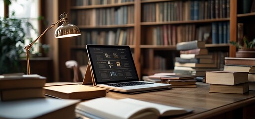 Aufkleber - Cozy library workspace with a laptop, books, and a desk lamp.