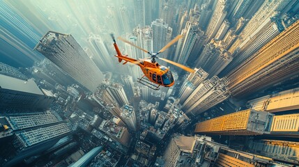 Poster - Aerial view of a helicopter flying above towering skyscrapers.