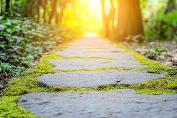 Poster - Sunlit stone path in a lush green forest.