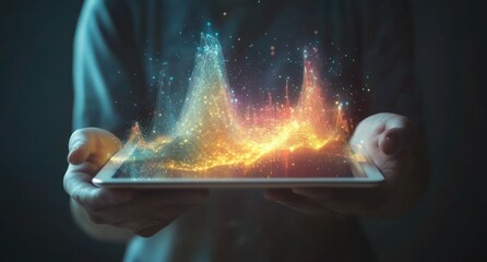 Aufkleber - Person holding tablet displaying vibrant data visualization.