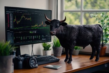 Poster - Bull statue on desk with stock market chart on computer monitor.
