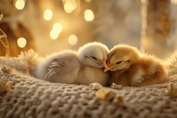 Poster - Two adorable baby chicks cuddling together on a soft, knitted blanket, bathed in warm, golden sunlight.