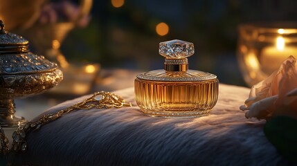 Poster - Elegant perfume bottle on a soft surface, illuminated by warm candlelight.