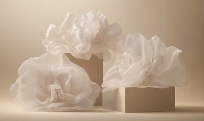 Poster - Three white fabric flowers on beige cubes.