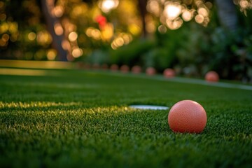 Poster - Orange ball on artificial grass putting green at sunset.