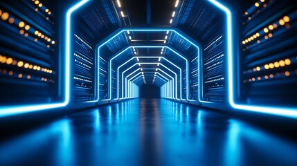 Aufkleber - Futuristic blue-lit tunnel with glowing neon lights creating a high-tech, sci-fi ambiance. The symmetrical design gives a sense of endless progression and advanced innovation.