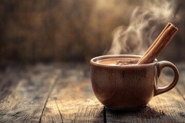 Poster - Steaming mug of hot chocolate with cinnamon sticks on rustic wooden table.