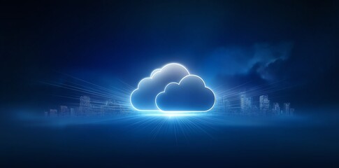 Aufkleber - Futuristic digital cloud represents online storage concept against a city skyline. Ideal for tech themes, innovation, and connectivity.