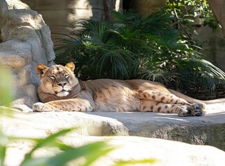 Poster - A lioness rests on sunlit rocks in a lush enclosure.