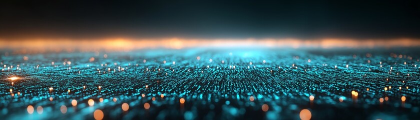 Poster - Abstract digital landscape with glowing blue dots against a dark background. Represents data, technology, or advanced network systems in a futuristic concept.