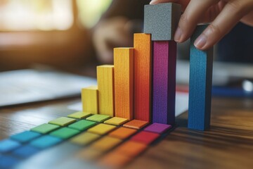 Poster - Hand placing colorful block on ascending bar graph.