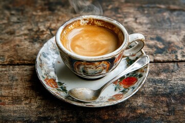 Poster - Steaming espresso in antique cup on rustic wood.