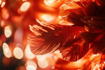 Leinwandbilder - Close-up of orange feathers illuminated by warm bokeh lights.