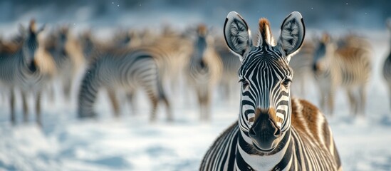 Poster - Close-up of a zebra in a snowy field with other zebras in the background. (1)