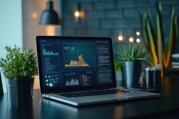 Poster - Laptop displaying data analytics charts on a desk with plants.