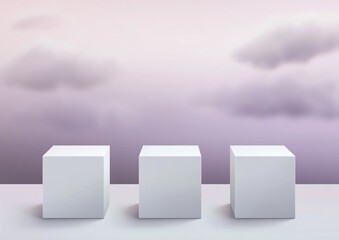 Leinwandbilder - Three white cubes on a light surface against a cloudy sky backdrop.
