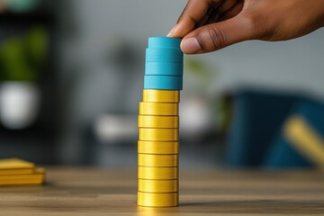 Poster - Hand placing teal block atop golden stack.