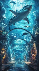Aufkleber - Entering a breathtaking underwater tunnel, visitors encounter majestic sharks gliding gracefully overhead amidst a diverse school of colorful fish, all illuminated by ethereal light