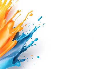 Poster - Vivid splashes of orange and blue paint on a white background, creating a dynamic and abstract visual. Perfect for design and art projects seeking a colorful, energetic theme.