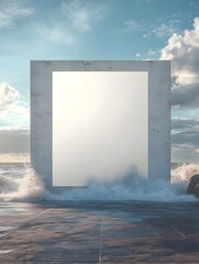 Wall Mural - A large, empty rectangular frame stands on a shoreline, surrounded by crashing waves and clouds.