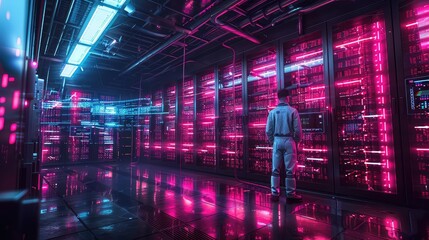 Poster - A technician stands in a brightly lit server room, inspecting rows of glowing data servers.