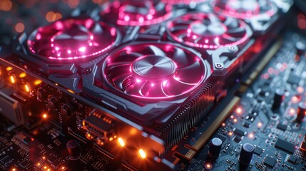 Poster - Close-up of a powerful graphics card with glowing pink fans and intricate circuitry.