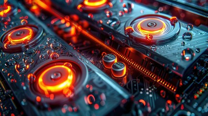 Poster - Close-up of illuminated circuit boards with water droplets.