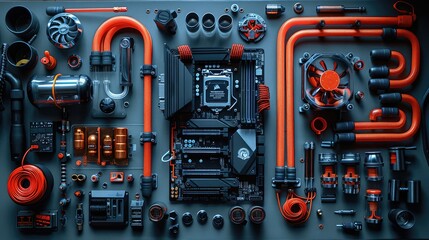 Poster - Computer components and custom water cooling loop system.