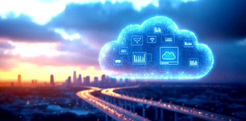 Poster - Futuristic digital cloud over cityscape at sunset, symbolizing connectivity and data exchange. Glowing icons depict networking and communication in a smart urban environment.