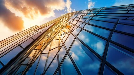 Wall Mural - Modern glass skyscraper reflecting sunset sky. Animation video Generated AI
